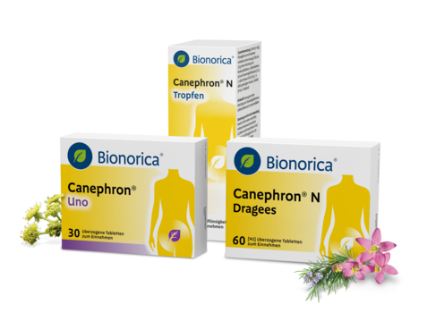 Canephron_Packshotcombo_Uno_Dragees_Tropfen_mit_Planzen Abbildung Canephron Packshots Uno, Dragees und Tropfen mit Pflanzen